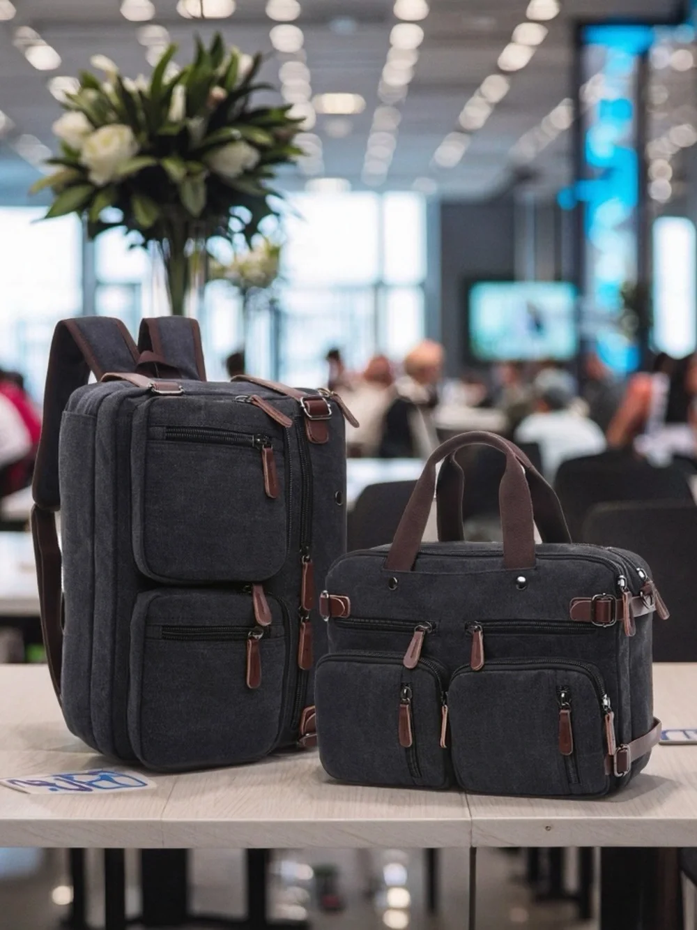 Brown Canvas Men's Convertible Briefcase - Backpack with Dual Front Pockets